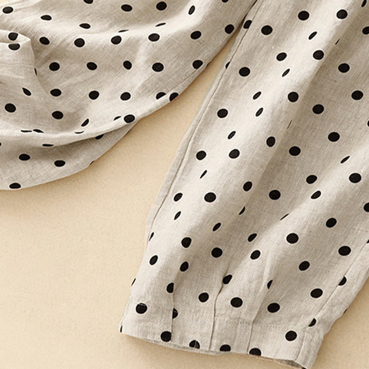 Buddha Stones Lässige schwarze gepunktete Damenhose aus Baumwollleinen mit Kordelzug und Taschen - image 12