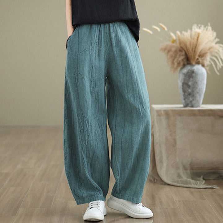 Buddha Stones Unifarbenes, zerknittertes Design Elastischer Bund Baumwollleinen Damenhose mit Taschen - image 18