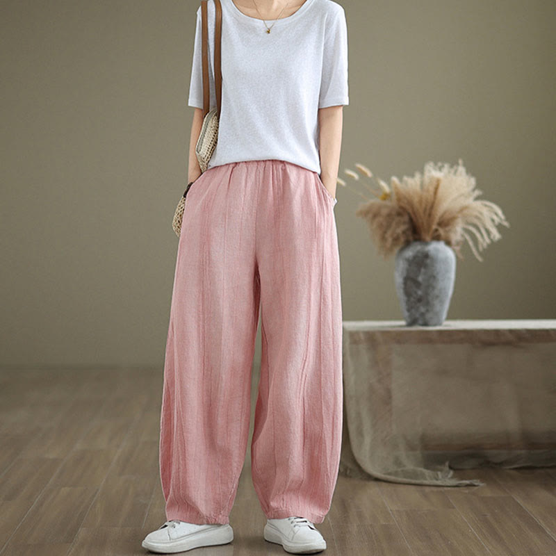 Buddha Stones Unifarbenes, zerknittertes Design Elastischer Bund Baumwollleinen Damenhose mit Taschen - image 27