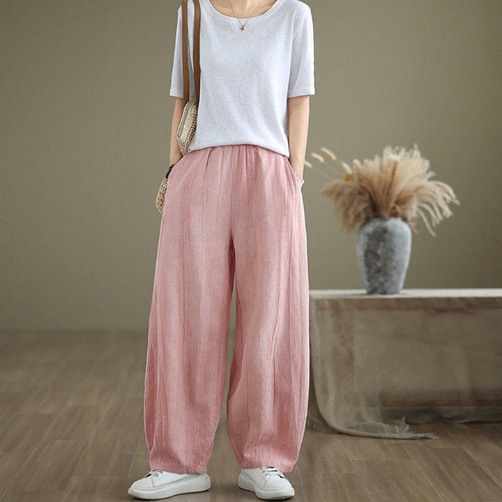 Buddha Stones Unifarbenes, zerknittertes Design Elastischer Bund Baumwollleinen Damenhose mit Taschen - image 27