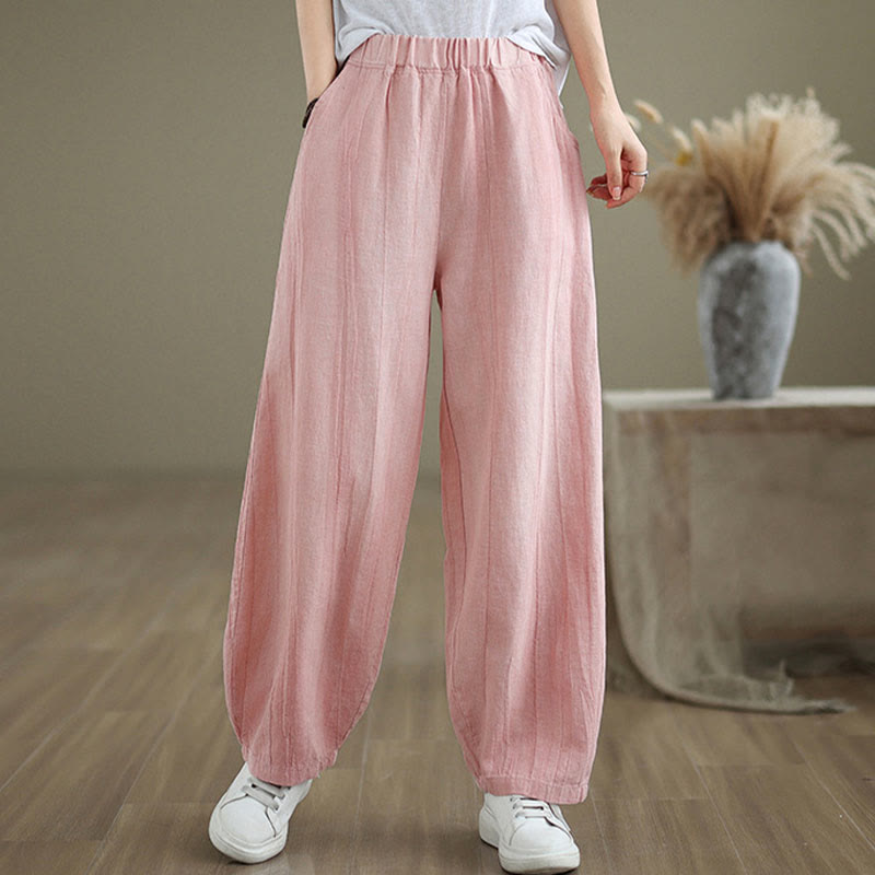 Buddha Stones Unifarbenes, zerknittertes Design Elastischer Bund Baumwollleinen Damenhose mit Taschen - image 23
