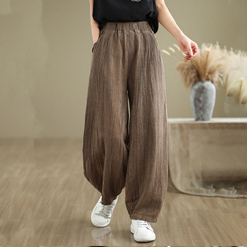 Buddha Stones Unifarbenes, zerknittertes Design Elastischer Bund Baumwollleinen Damenhose mit Taschen - image 3