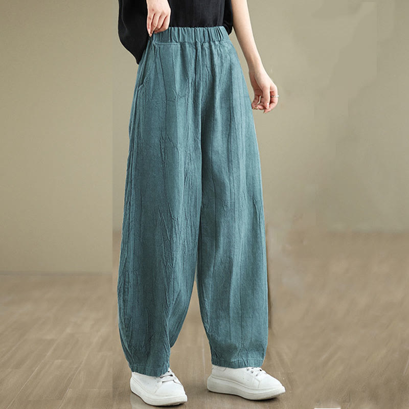Buddha Stones Unifarbenes, zerknittertes Design Elastischer Bund Baumwollleinen Damenhose mit Taschen - image 19