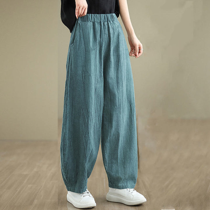 Buddha Stones Unifarbenes, zerknittertes Design Elastischer Bund Baumwollleinen Damenhose mit Taschen - image 19