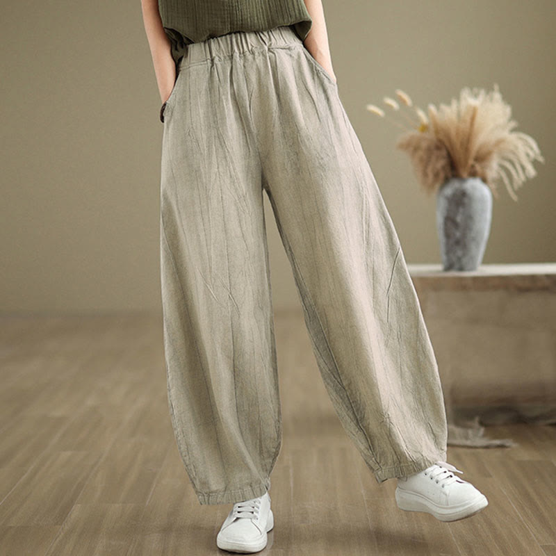 Buddha Stones Unifarbenes, zerknittertes Design Elastischer Bund Baumwollleinen Damenhose mit Taschen - image 9
