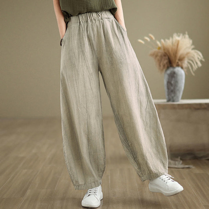 Buddha Stones Unifarbenes, zerknittertes Design Elastischer Bund Baumwollleinen Damenhose mit Taschen - image 9