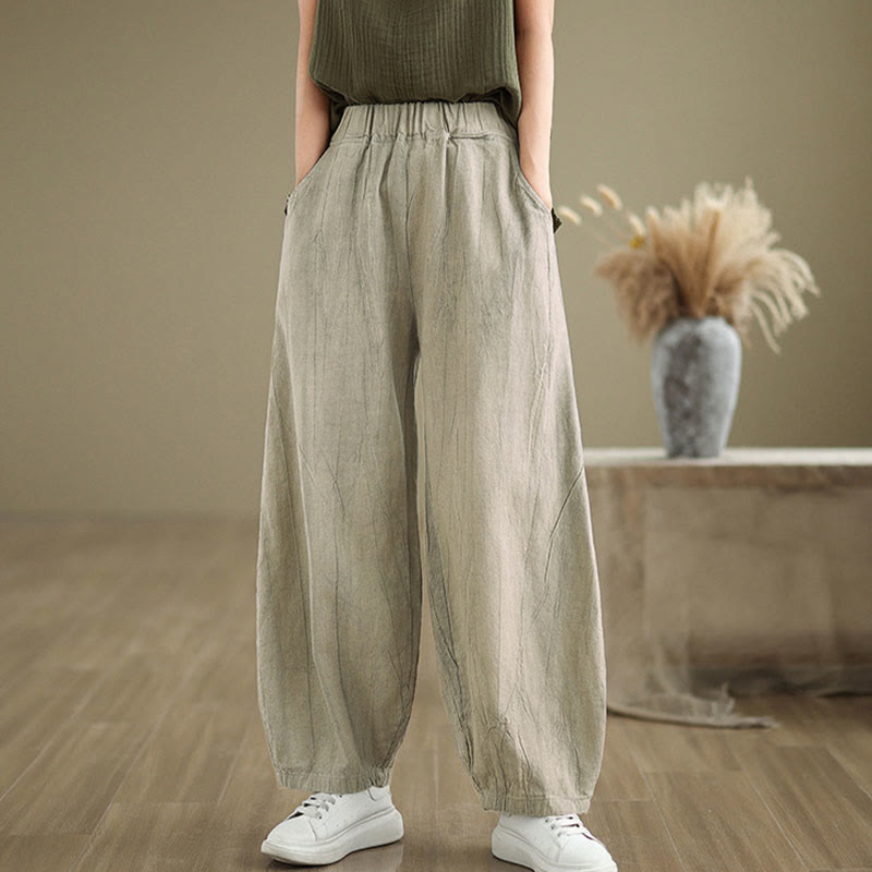 Buddha Stones Unifarbenes, zerknittertes Design Elastischer Bund Baumwollleinen Damenhose mit Taschen - image 7