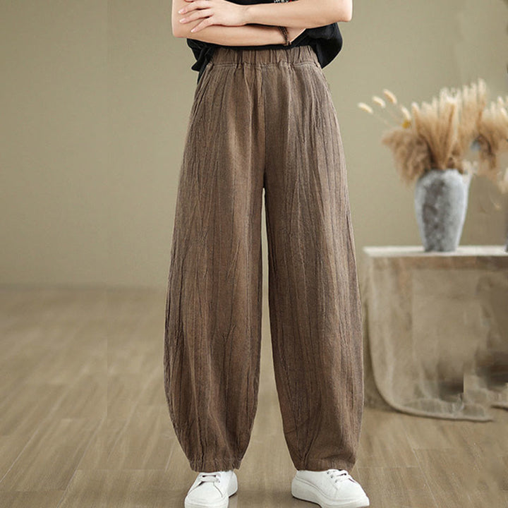 Buddha Stones Unifarbenes, zerknittertes Design Elastischer Bund Baumwollleinen Damenhose mit Taschen - image 4