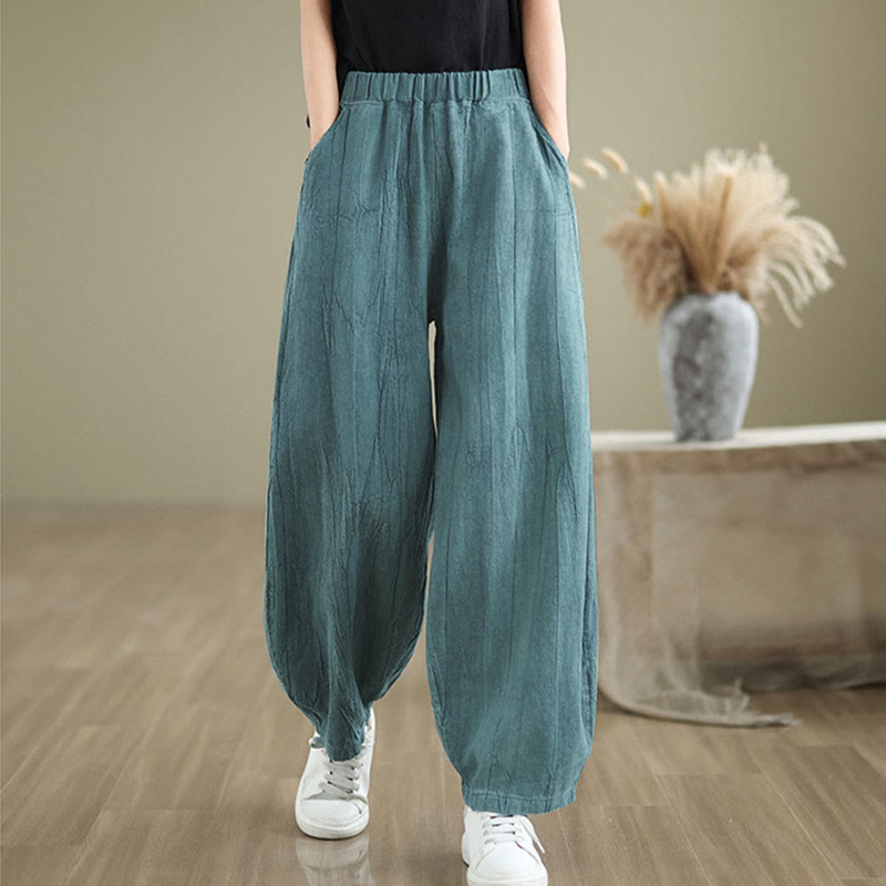 Buddha Stones Unifarbenes, zerknittertes Design Elastischer Bund Baumwollleinen Damenhose mit Taschen - image 16