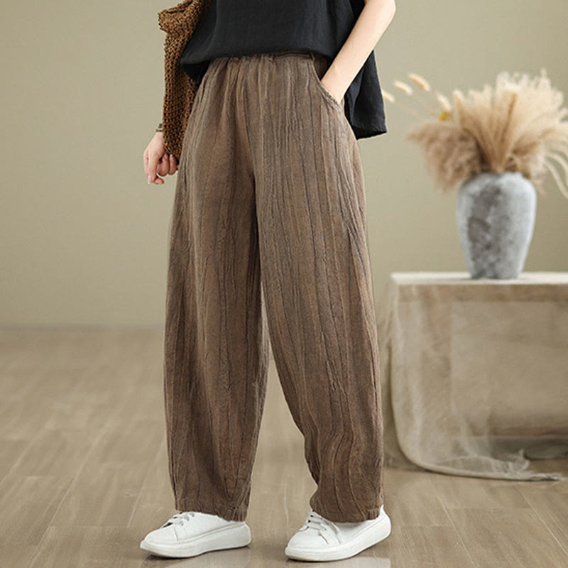 Buddha Stones Unifarbenes, zerknittertes Design Elastischer Bund Baumwollleinen Damenhose mit Taschen - image 1
