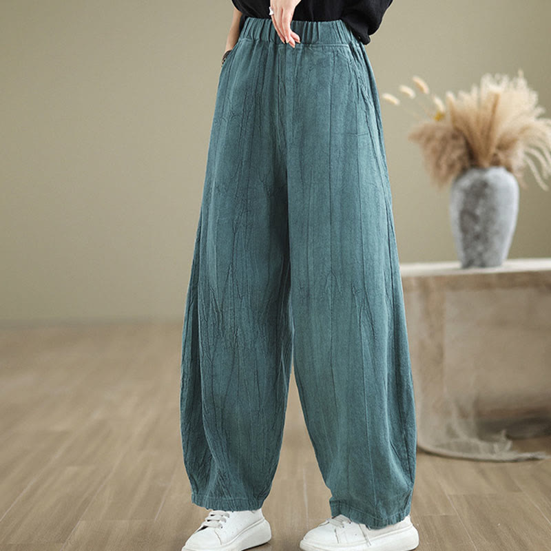 Buddha Stones Unifarbenes, zerknittertes Design Elastischer Bund Baumwollleinen Damenhose mit Taschen - image 17