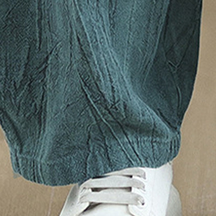 Buddha Stones Unifarbenes, zerknittertes Design Elastischer Bund Baumwollleinen Damenhose mit Taschen - image 21