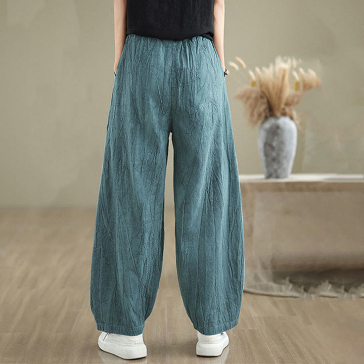 Buddha Stones Unifarbenes, zerknittertes Design Elastischer Bund Baumwollleinen Damenhose mit Taschen - image 20