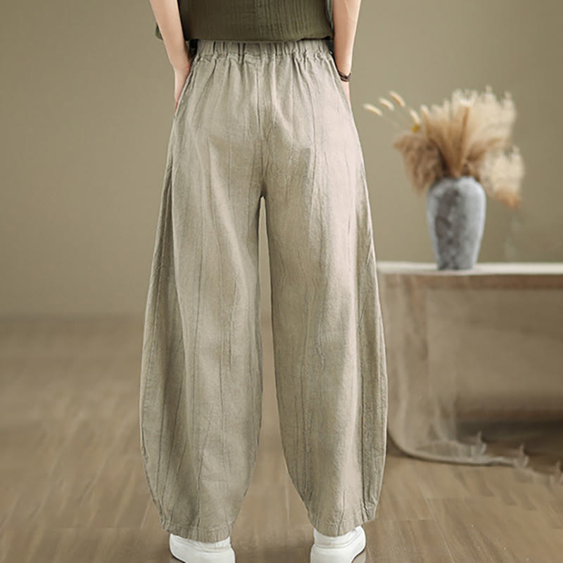 Buddha Stones Unifarbenes, zerknittertes Design Elastischer Bund Baumwollleinen Damenhose mit Taschen - image 10