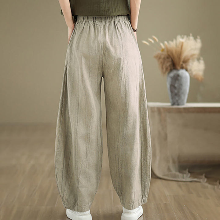 Buddha Stones Unifarbenes, zerknittertes Design Elastischer Bund Baumwollleinen Damenhose mit Taschen - image 10