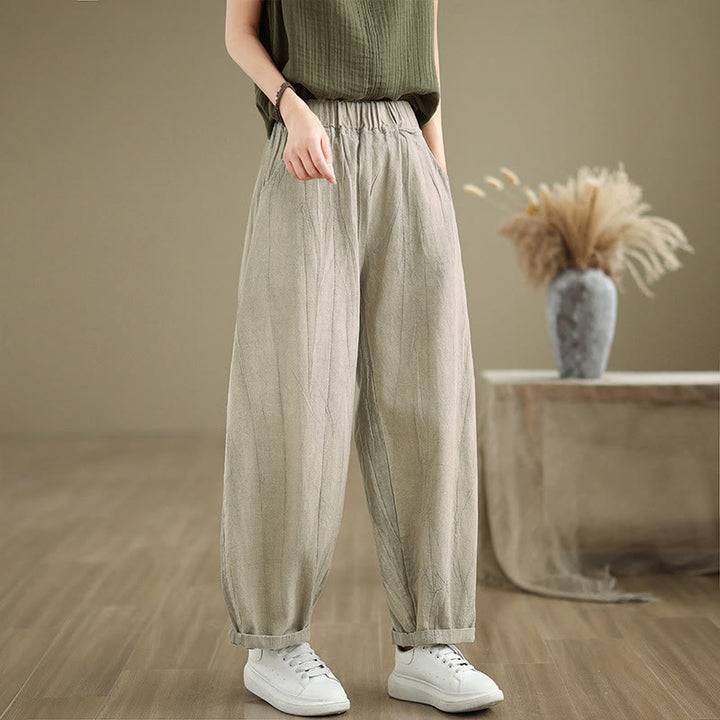 Buddha Stones Unifarbenes, zerknittertes Design Elastischer Bund Baumwollleinen Damenhose mit Taschen - image 8