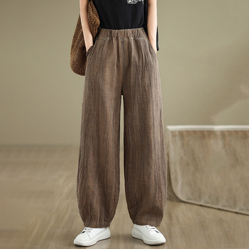 Buddha Stones Unifarbenes, zerknittertes Design Elastischer Bund Baumwollleinen Damenhose mit Taschen - image 2