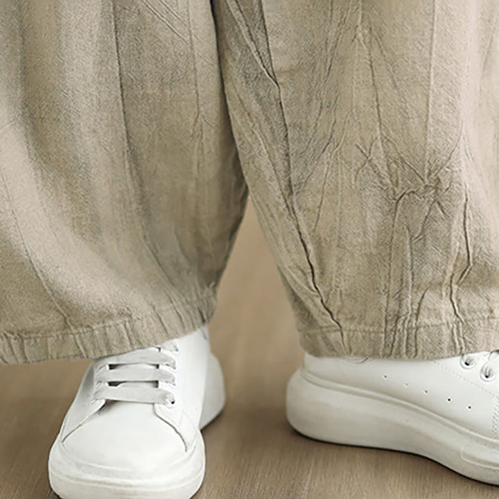 Buddha Stones Unifarbenes, zerknittertes Design Elastischer Bund Baumwollleinen Damenhose mit Taschen - image 14