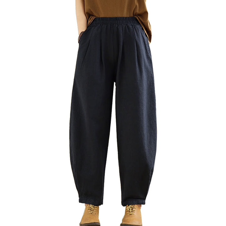Buddha Stones Lässige, einfarbige, konisch zulaufende, elastische Taillenhose aus Baumwollleinen für Damen mit Taschen - image 25