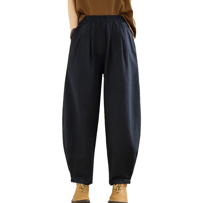 Buddha Stones Lässige, einfarbige, konisch zulaufende, elastische Taillenhose aus Baumwollleinen für Damen mit Taschen