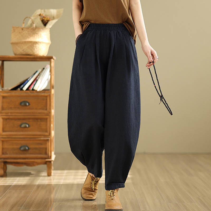 Buddha Stones Lässige, einfarbige, konisch zulaufende, elastische Taillenhose aus Baumwollleinen für Damen mit Taschen - image 21