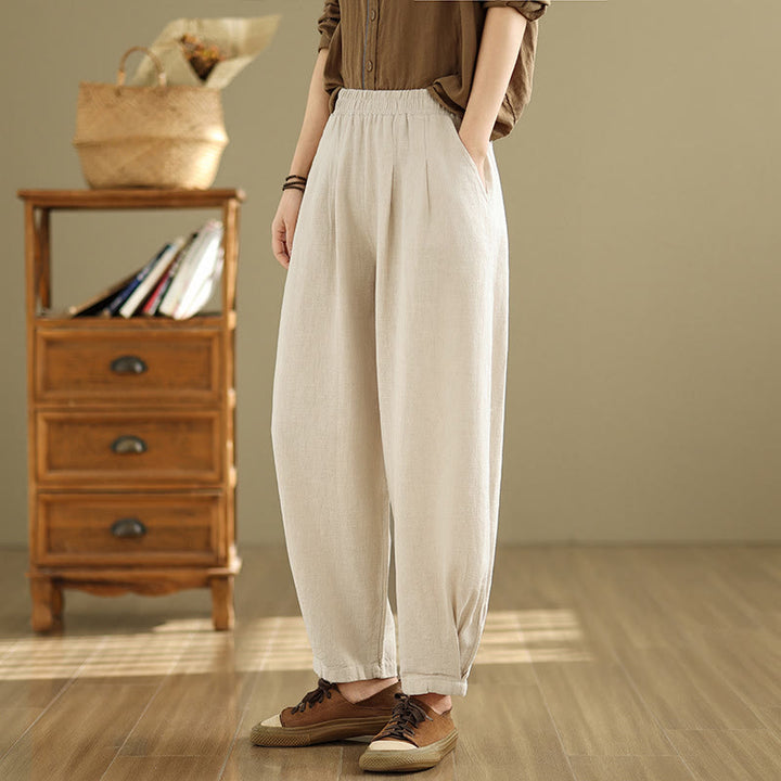Buddha Stones Lässige, einfarbige, konisch zulaufende, elastische Taillenhose aus Baumwollleinen für Damen mit Taschen - image 9