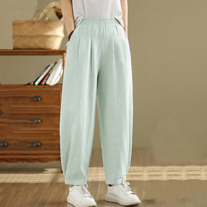 Buddha Stones Lässige, einfarbige, konisch zulaufende, elastische Taillenhose aus Baumwollleinen für Damen mit Taschen - image 29