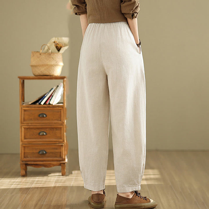 Buddha Stones Lässige, einfarbige, konisch zulaufende, elastische Taillenhose aus Baumwollleinen für Damen mit Taschen - image 13