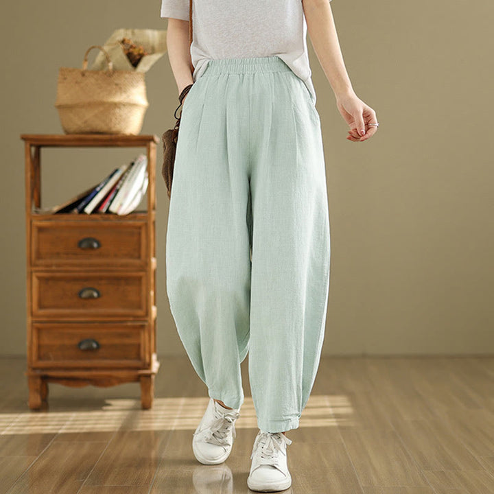 Buddha Stones Lässige, einfarbige, konisch zulaufende, elastische Taillenhose aus Baumwollleinen für Damen mit Taschen - Hellgrün - US8-10, UK/AU12-14, EU40-42 (2XL) - image 27