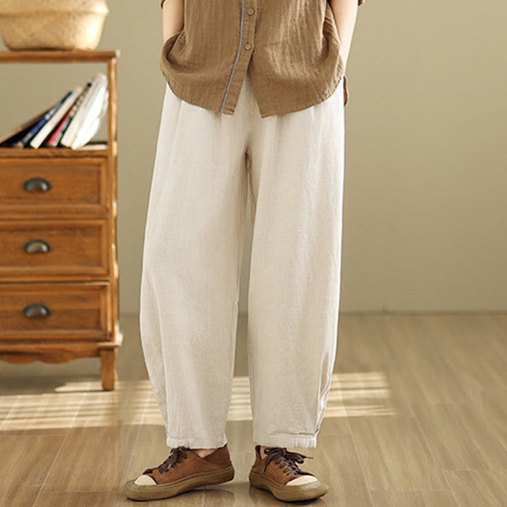 Buddha Stones Lässige, einfarbige, konisch zulaufende, elastische Taillenhose aus Baumwollleinen für Damen mit Taschen - Beige - US8-10， UK/AU12-14，EU40-42 (2XL) - image 7