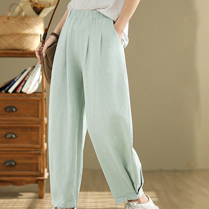 Buddha Stones Lässige, einfarbige, konisch zulaufende, elastische Taillenhose aus Baumwollleinen für Damen mit Taschen