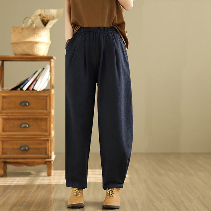 Buddha Stones Lässige, einfarbige, konisch zulaufende, elastische Taillenhose aus Baumwollleinen für Damen mit Taschen - image 22