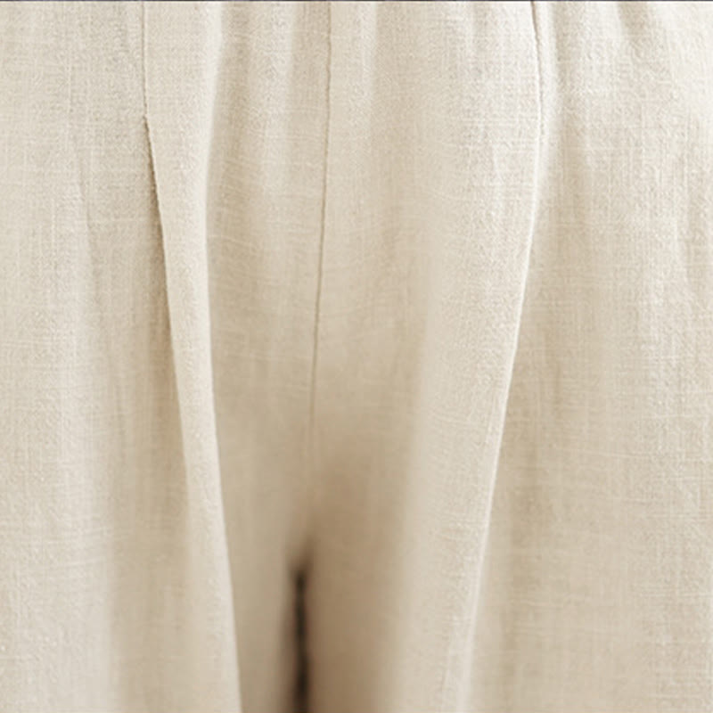 Buddha Stones Lässige, einfarbige, konisch zulaufende, elastische Taillenhose aus Baumwollleinen für Damen mit Taschen - image 16