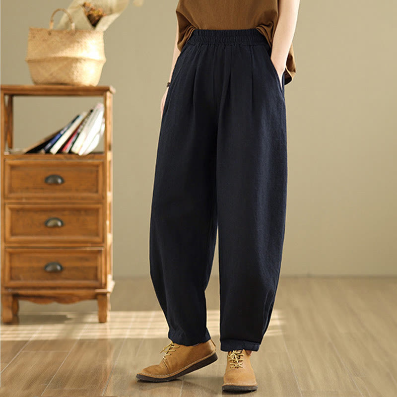 Buddha Stones Lässige, einfarbige, konisch zulaufende, elastische Taillenhose aus Baumwollleinen für Damen mit Taschen - image 23