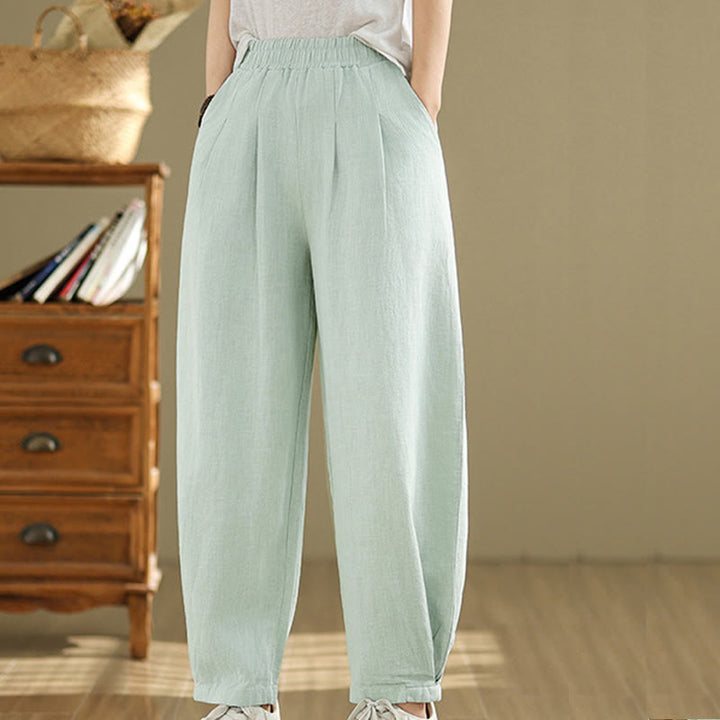 Buddha Stones Lässige, einfarbige, konisch zulaufende, elastische Taillenhose aus Baumwollleinen für Damen mit Taschen