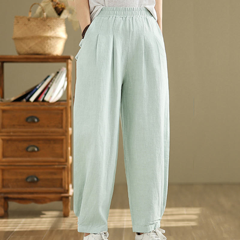 Buddha Stones Lässige, einfarbige, konisch zulaufende, elastische Taillenhose aus Baumwollleinen für Damen mit Taschen - image 31