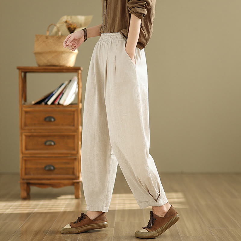 Buddha Stones Lässige, einfarbige, konisch zulaufende, elastische Taillenhose aus Baumwollleinen für Damen mit Taschen - image 10