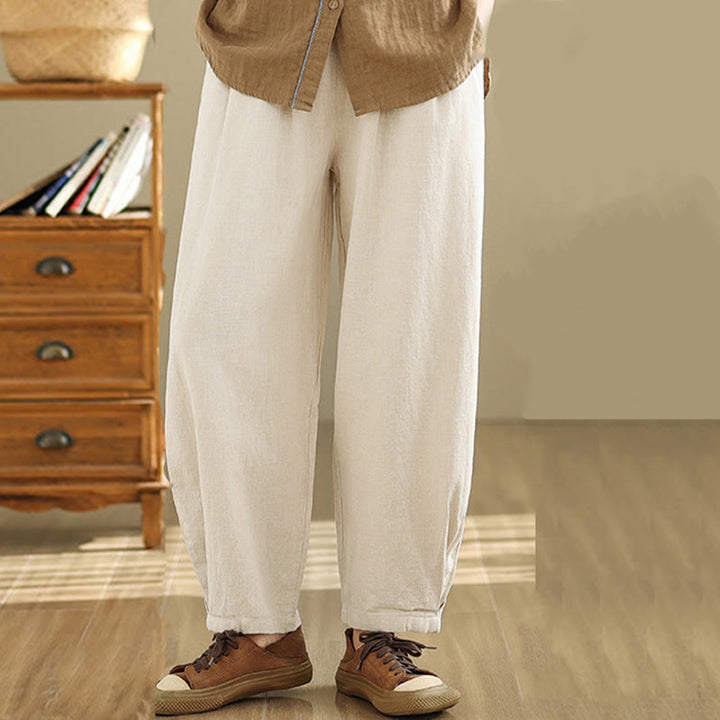 Buddha Stones Lässige, einfarbige, konisch zulaufende, elastische Taillenhose aus Baumwollleinen für Damen mit Taschen - image 11