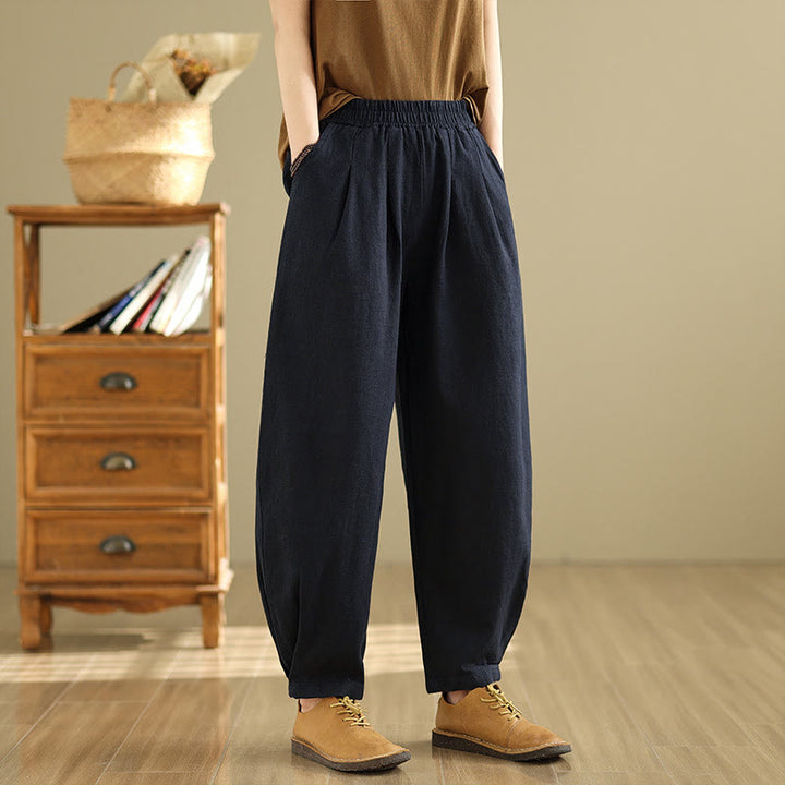 Buddha Stones Lässige, einfarbige, konisch zulaufende, elastische Taillenhose aus Baumwollleinen für Damen mit Taschen - image 24