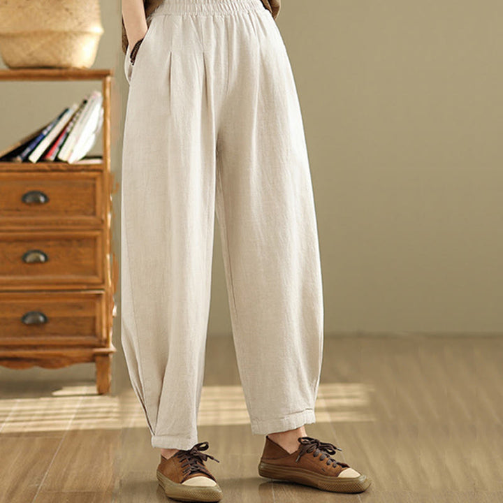 Buddha Stones Lässige, einfarbige, konisch zulaufende, elastische Taillenhose aus Baumwollleinen für Damen mit Taschen - image 12