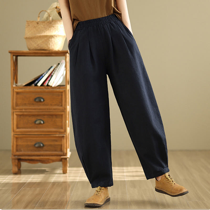 Buddha Stones Lässige, einfarbige, konisch zulaufende, elastische Taillenhose aus Baumwollleinen für Damen mit Taschen