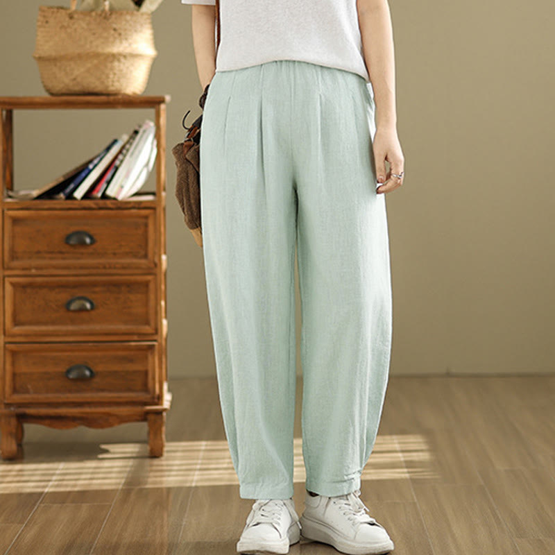 Buddha Stones Lässige, einfarbige, konisch zulaufende, elastische Taillenhose aus Baumwollleinen für Damen mit Taschen - image 28