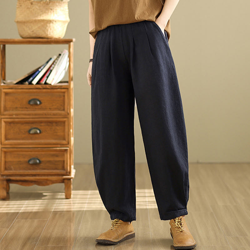 Buddha Stones Lässige, einfarbige, konisch zulaufende, elastische Taillenhose aus Baumwollleinen für Damen mit Taschen - image 20