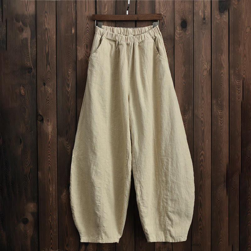 Buddha Stones Lässige, einfarbige, elastische Taille mit Fleece-Innenfutter aus Baumwoll-Ramie für Damen mit Taschen - image 8