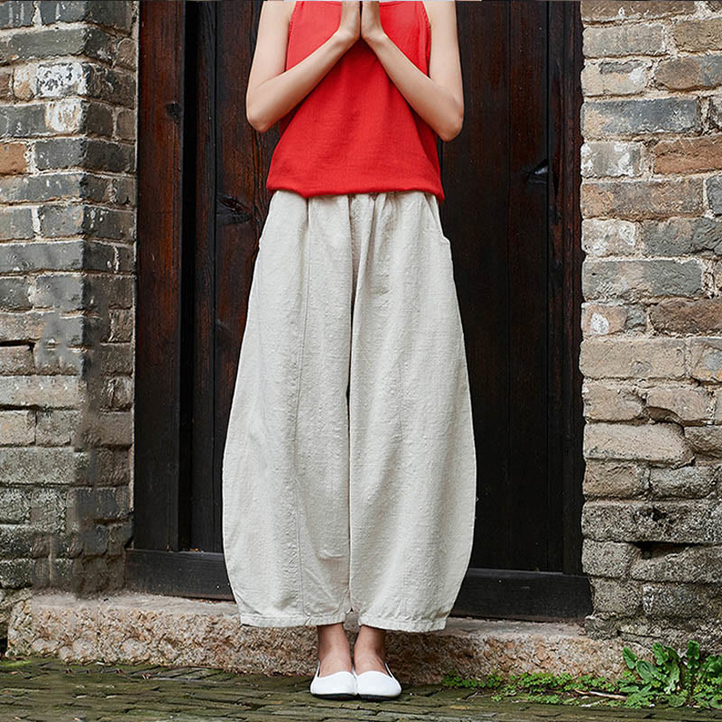 Buddha Stones Lässige, einfarbige, elastische Taille mit Fleece-Innenfutter aus Baumwoll-Ramie für Damen mit Taschen - image 7