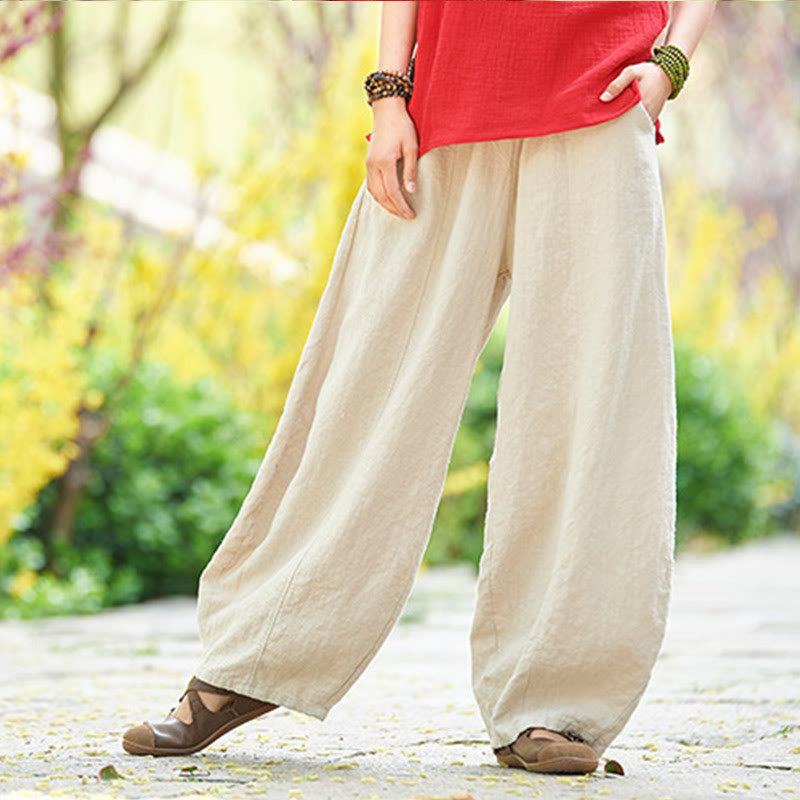 Buddha Stones Lässige, einfarbige, elastische Taille mit Fleece-Innenfutter aus Baumwoll-Ramie für Damen mit Taschen - image 3