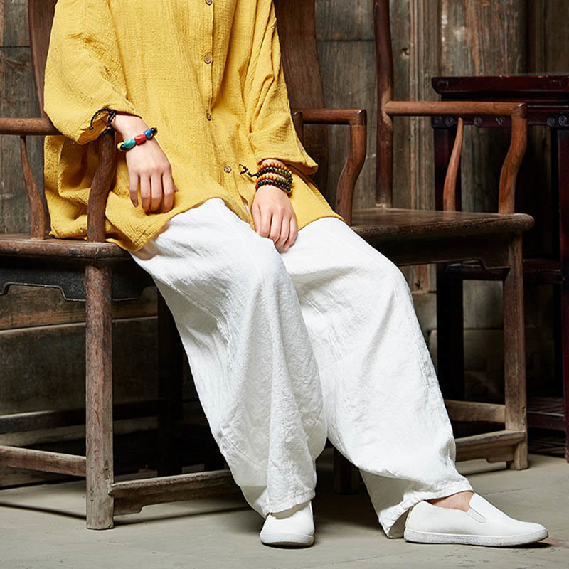 Buddha Stones Lässige, einfarbige, elastische Taille mit Fleece-Innenfutter aus Baumwoll-Ramie für Damen mit Taschen - image 26