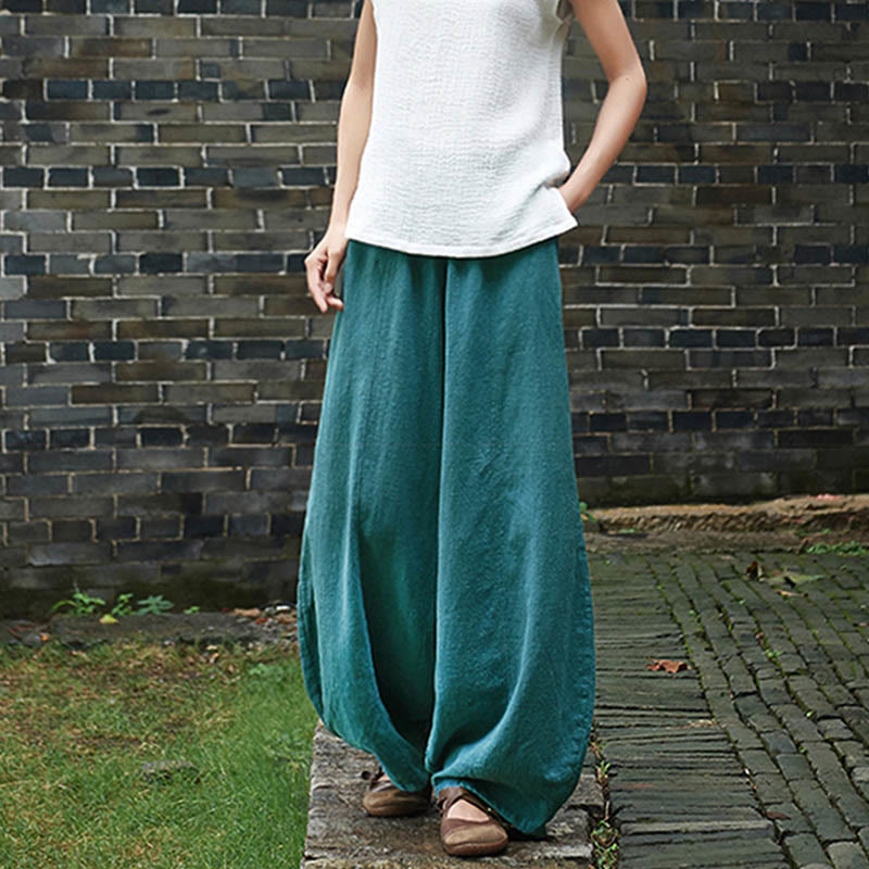Buddha Stones Lässige, einfarbige, elastische Taille mit Fleece-Innenfutter aus Baumwoll-Ramie für Damen mit Taschen - image 45