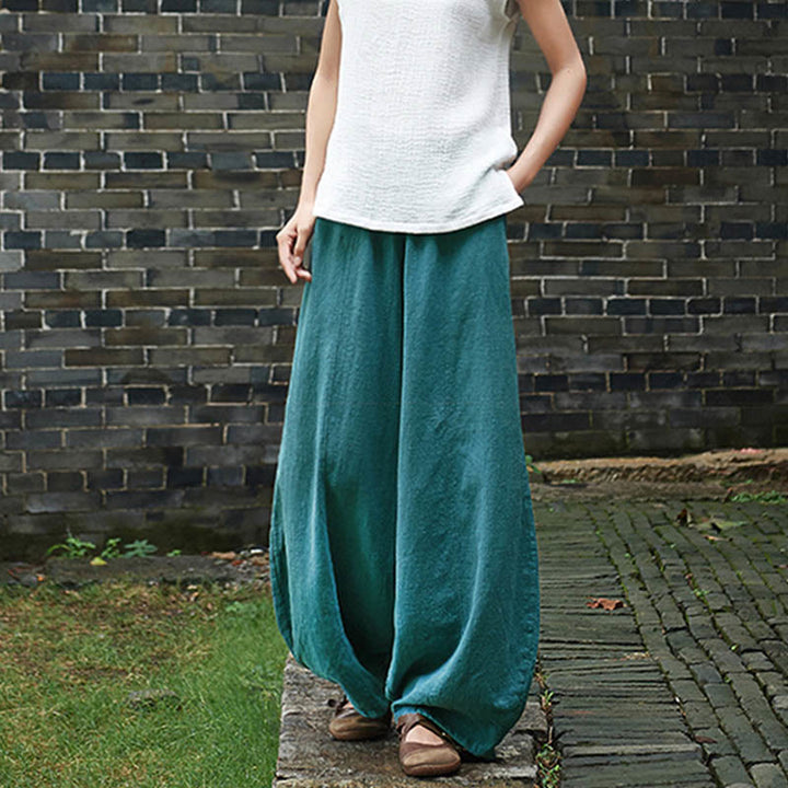 Buddha Stones Lässige, einfarbige, elastische Taille mit Fleece-Innenfutter aus Baumwoll-Ramie für Damen mit Taschen - image 46
