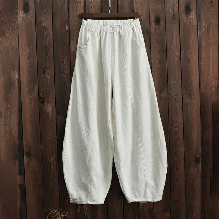 Buddha Stones Lässige, einfarbige, elastische Taille mit Fleece-Innenfutter aus Baumwoll-Ramie für Damen mit Taschen - image 26